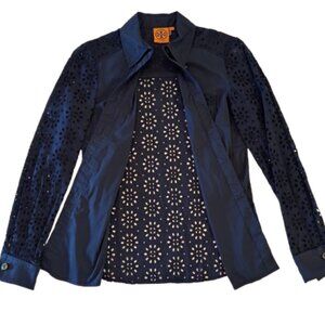 Tory Burch Long Sleeve Button Down Navy Blue Shirt w/ Cutout Eyelet (Size 2)